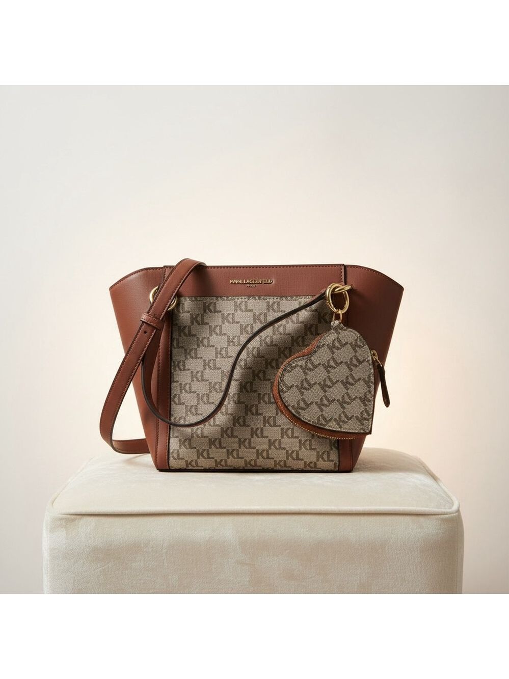 Karl Lagerfeld Paris KL Monogram Tote Bag w/ Heart Coin Pouch Brown